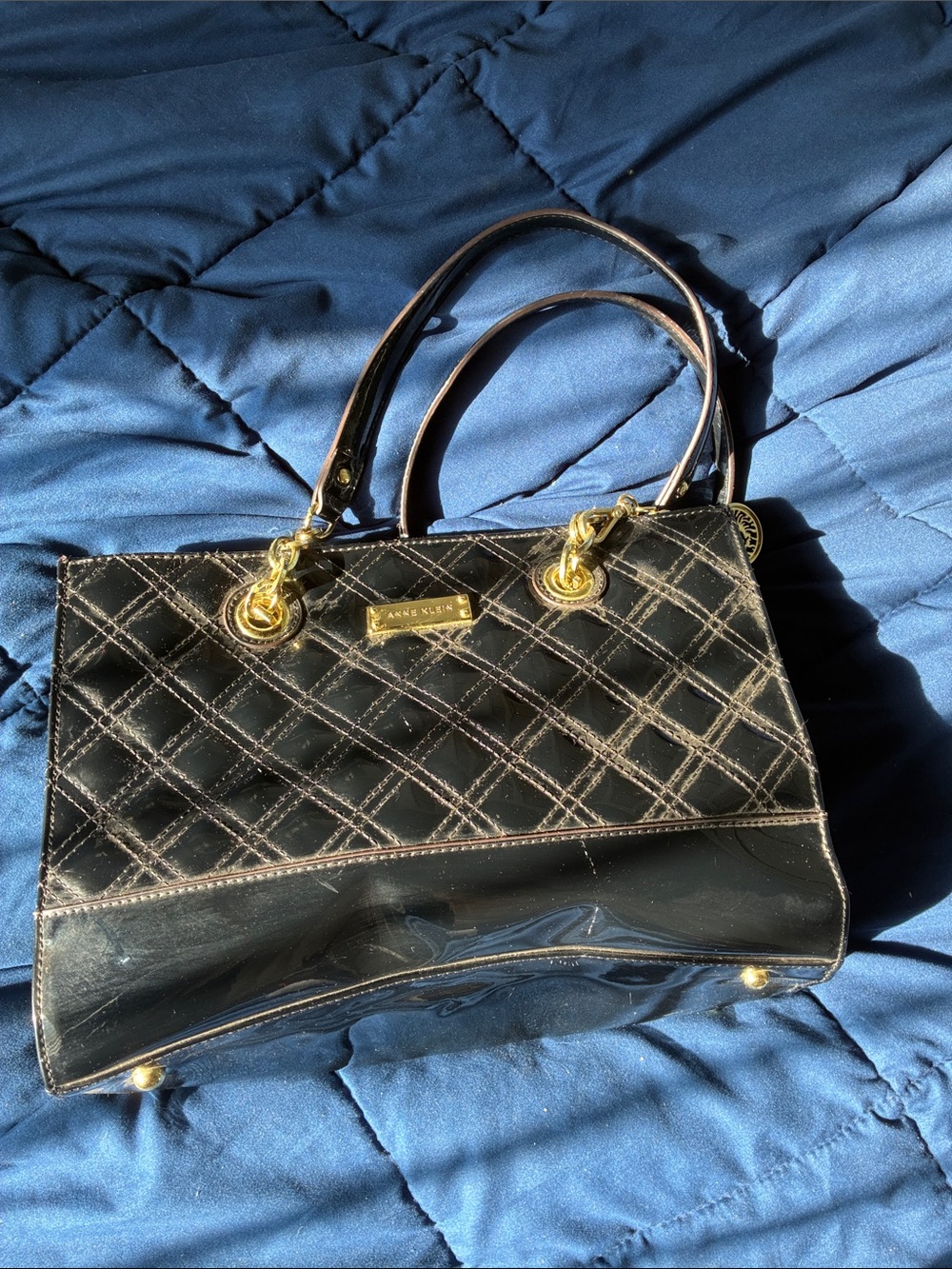 Anne Klein Black Quilted Patent Satchel with Gold Hardware